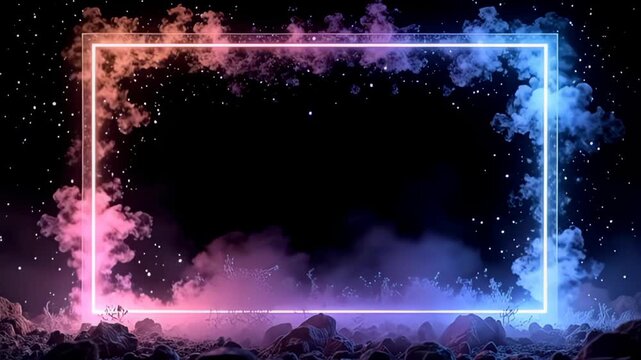 Illuminated by shifting hues, a Floating hologram Border Frame outlined in light beams radiates amidst a kaleidoscope of swirling mist and glowing dust particles, each movement harmonizing