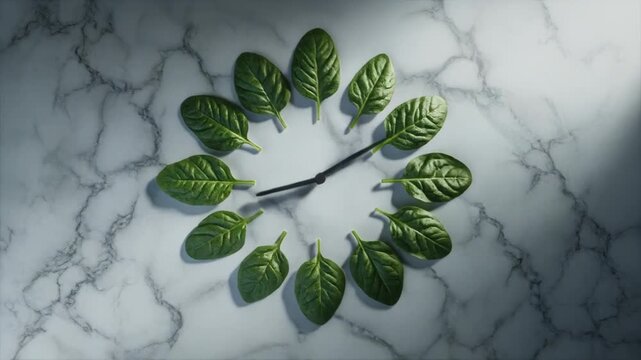 Analog Clock Made of Green Spinach Leaves on Marble Background
