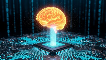 Glowing digital human brain concept emerges from complex circuitry of a central processing unit