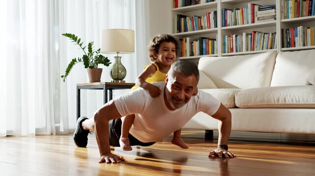 Grandfather doing pushups with child on back