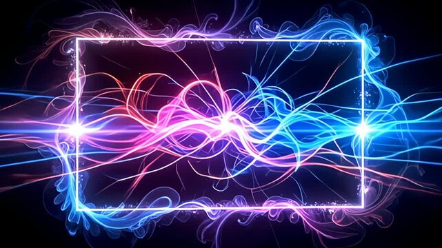 A dynamic floating hologram Border Frame outlined in light beams is set against an intense black background, as radiant bursts of colors spiral in a dance of high-energy motion, drawing the