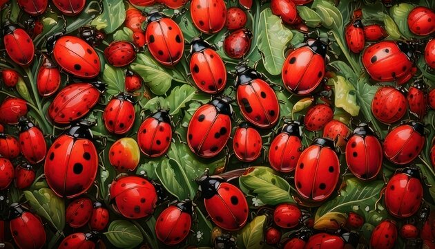 Abundance of Ladybugs on Green Leaves - A Vibrant Nature Scene.