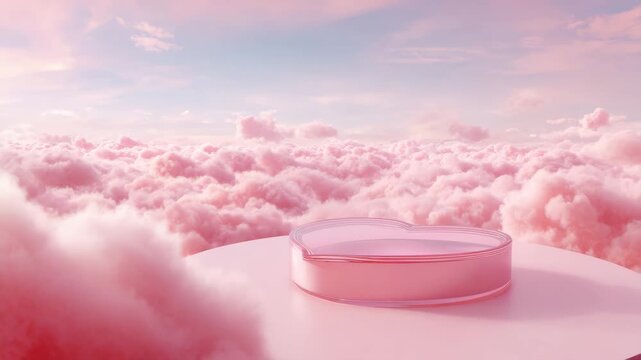 Pink heart shaped glass pedestal platform floating on round pedestal above fluffy pink cloudscape at dreamy sunrise with soft pastel sky and romantic dreamy mood and delicate reflection