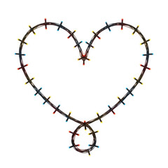 Colorful string lights in heart shape isolated on transparent background
