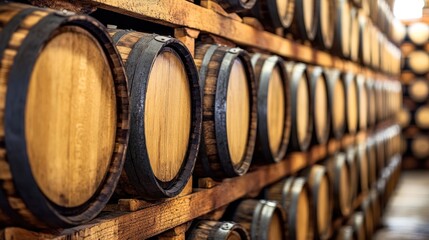 Wooden barrels in rows
