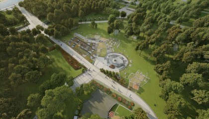 Naklejka premium Aerial View of a Park with Roads and Greenery.
