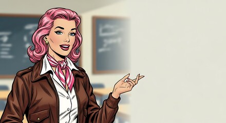 Female Teacher Comic Character Explaining Lesson in Classroom.