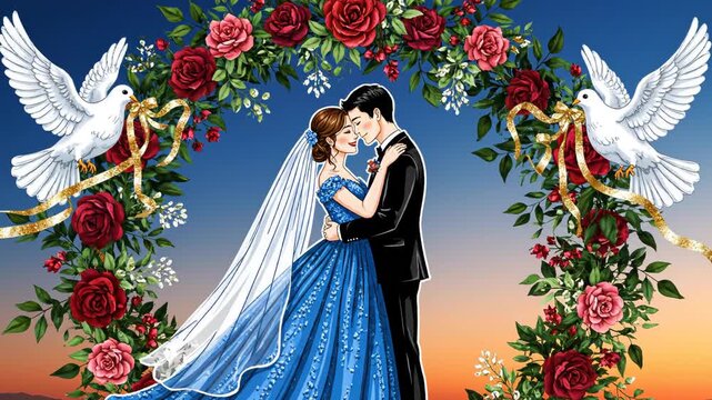 Wedding cake with couple and doves