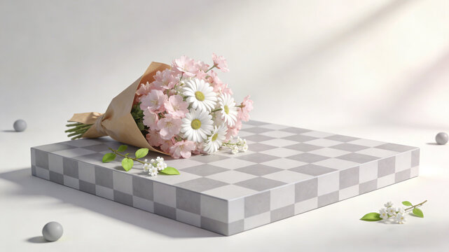 Ins Korean Spring Chessboard Flower Bouquet Background