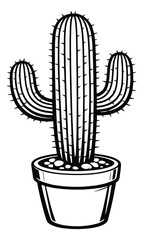 Hand drawn line art illustration of a potted cactus depicting a desert succulent for botanical design