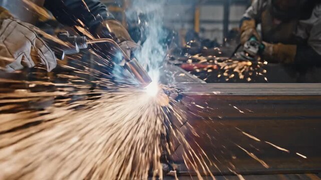 Industrial Welders Crafting Metal Structures With Bright Sparks Flying Indoors In Workshop