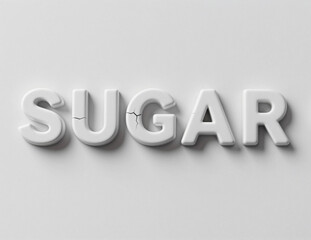 The word SUGAR is displayed in cracked, textured white block letters on a clean white surface, conveying a conceptual message about delicacy.