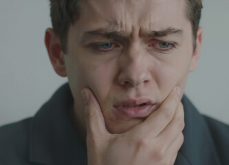 Fototapeta premium A young white man looks distressed, furrowing his brow and holding his hand against his jawline in an expression of discomfort or pain.