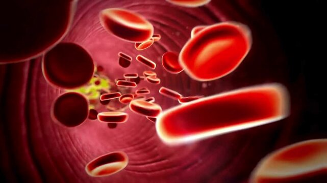 3D medical animation of red blood cells floating and circulating through blood vessels. Seamless loop showing bloodstream flow, cellular movement, and human circulatory system concept.