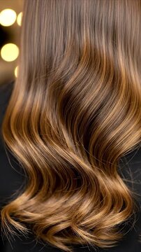 A mesmerizing close-up captures the luxurious texture and radiant color of long, wavy hair, showcasing a beautiful blend of rich brown and sun-kissed blonde highlights. The individual strands flow ele