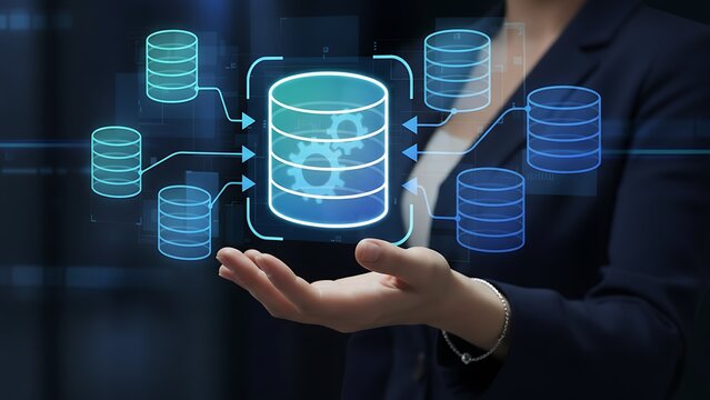 Professional hand presenting innovative database management system with secure digital network architecture and advanced data storage solutions for future technology - Powered by Adobe