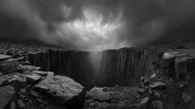 Dramatic stormy canyon landscape with deep chasm and jagged rock ledge ominous clouds wide rocky canyon dramatic cloud deep chasm rugged cliff barren landscape stormy sky moody atmosphere rock