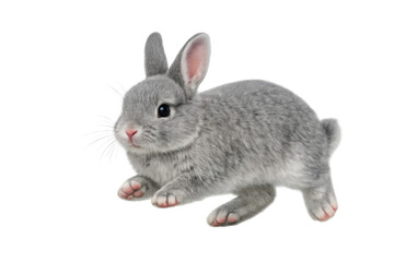 Obraz premium Grey baby bunny rabbit hopping, adorable fluffy rodent on transparent background, cute small pet with soft fur