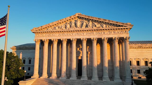 Classical building with columns and flag