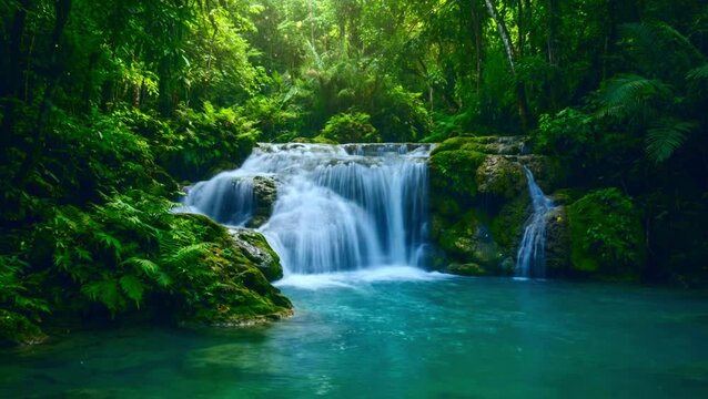 Natural waterfall flowing through dense green forest, surrounded by lush vegetation and clear water, creating a peaceful and refreshing atmosphere ideal for relaxation and looping nature background vi