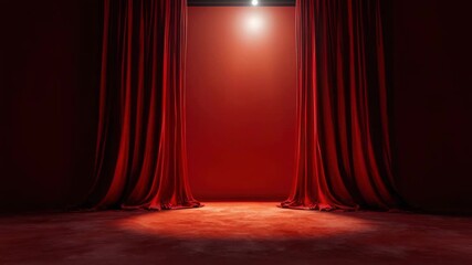 Red curtain stage spotlight opening to reveal empty spotlighted theater with dramatic velvet drape fabric and textured floor, theatrical red curtain opening to reveal empty lit stage with warm