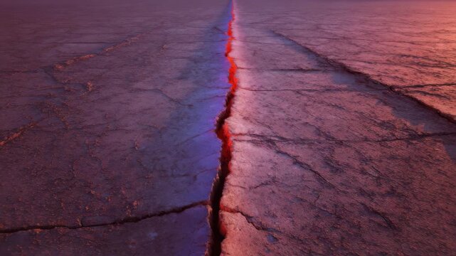Dramatic cracked ground fissure desert sunset glowing red light long perspective dry earth texture conveying tension and isolation across textured salt flat with purple hues