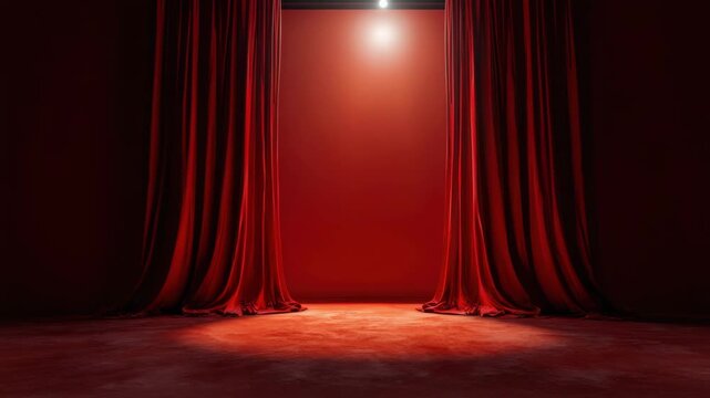 Red curtain stage spotlight opening to reveal empty spotlighted theater with dramatic velvet drape fabric and textured floor, theatrical red curtain opening to reveal empty lit stage with warm