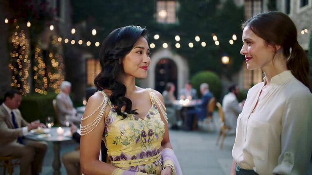 Two women engaged in a friendly conversation at an elegant evening outdoor party illuminated by warm string lights. One woman wears a yellow floral dress