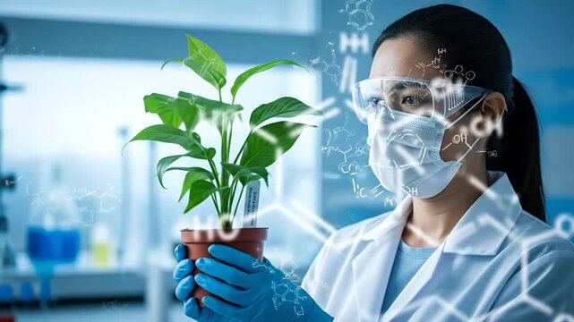Science Meets Nature: A focused scientist, shielded in protective gear, meticulously examines a plant in a laboratory setting, symbolizing the fusion of scientific exploration and natural processes.