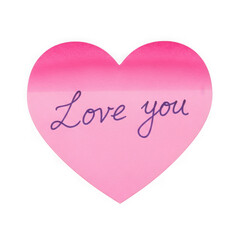 Pink heart with love you message written in purple cursive isolated on transparent background