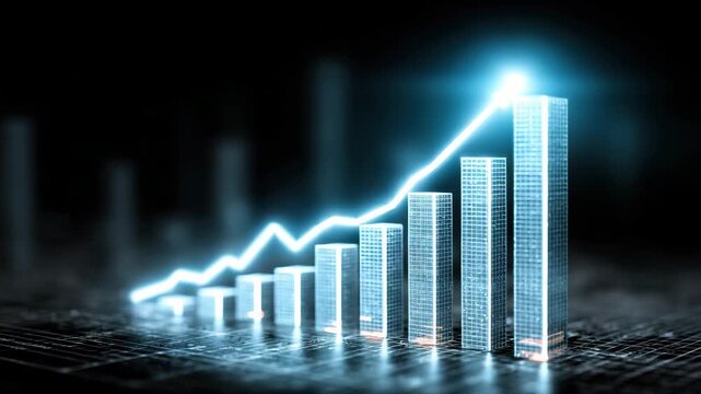 Futuristic digital skyline bar chart with glowing ascending graph and illuminated skyscraper columns conveying finance growth data trend holographic bars rising chart visualization and upward trend