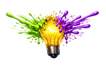 Light bulb bursting with creative colorful paint splashes symbolizing new ideas and artistic innovation