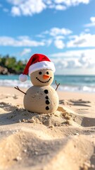 Sand snowman with Santa hat on a tropical beach, celebrating Christmas in a warm climate.