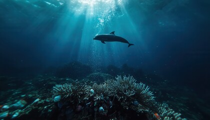 Mystical Underwater Encounter: A solitary dolphin gracefully navigates the depths of the ocean, bathed in ethereal sunlight piercing through the water's surface, a true spectacle of marine life.