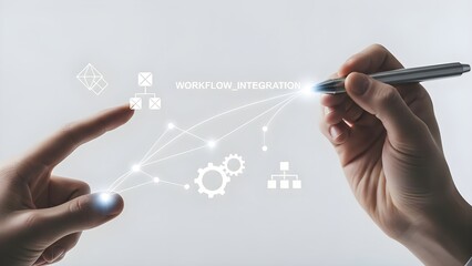 Hands engaging virtual workflow integration with glowing stylus and futuristic interface