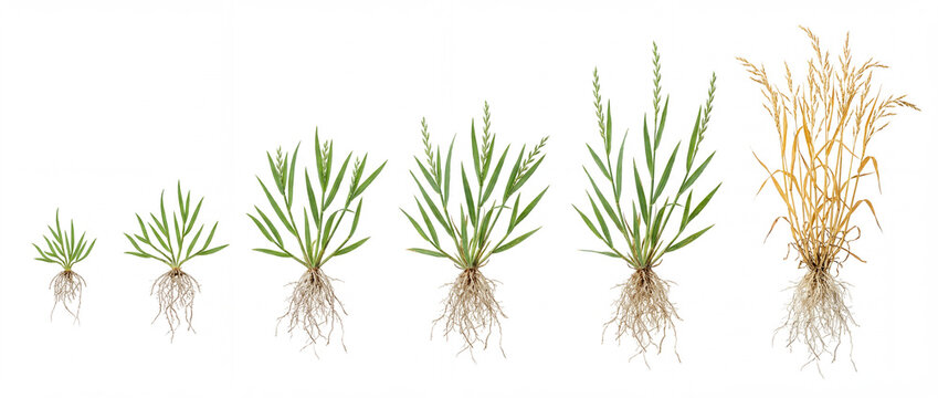 Photorealistic growth cycle of couch grass showing stages. Complete development from seed to maturity. Ideal for agricultural professionals and fertilizer application timing guides. White background.