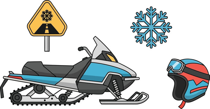 Illustration of a snowmobile, winter helmet, and snow warning sign for cold weather conditions and travel safety.