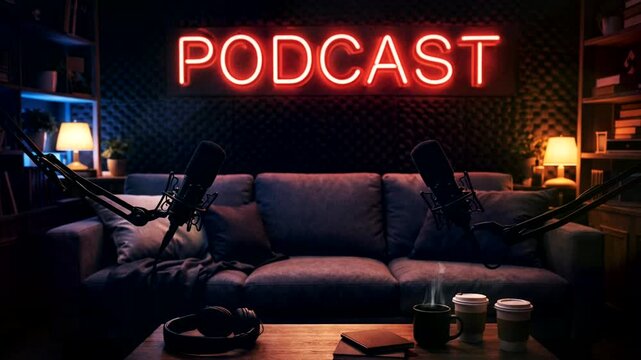 Podcast studio interior with glowing neon sign, microphones, and sofa, creating a modern media, broadcasting, and content creation atmosphere.
