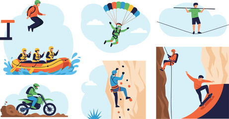Adventure sports illustration, extreme activities vector, outdoor thrill graphic, adrenaline action art, sports icon design, adventure lifestyle concept, recreational challenge scene