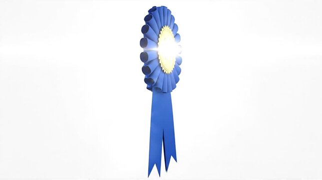Bright Blue Rosette Award Ribbon with Shiny Gold Center and Flowing Streamers on White Background, Symbolizing Achievement, Excellence, and First P...