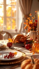 Fototapeta premium Thanksgiving Feast - A Warm and Inviting Table Set for a Holiday Celebration with Roasted Turkey and Autumn Decor.