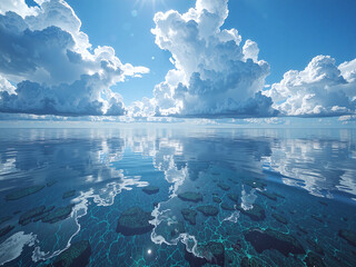 Surreal ocean, sky reflected underwater, floating clouds, deep blue tones, dreamlike mood,Sea and sky merge, blurring the boundary between reality and imagination.
