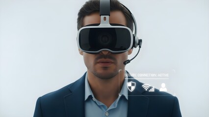 Professional Man Immersed in Virtual Reality Headset Secure Digital Connection Interface