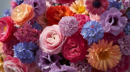 Vibrant bouquet of roses and chrysanthemums in various colors