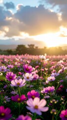 Obraz premium Vibrant Cosmos Flower Field Bathed in Golden Sunset Light.