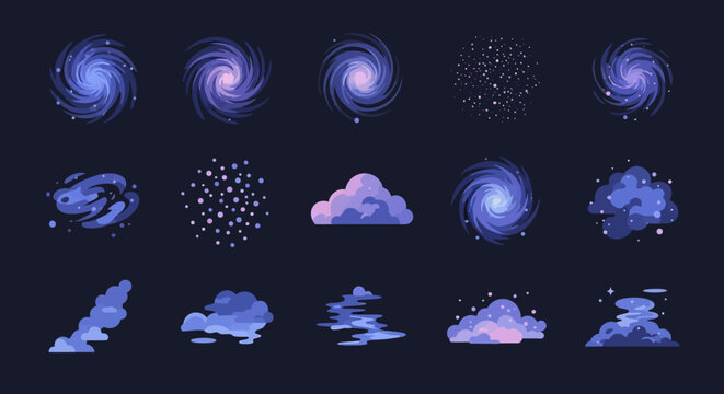 Cartoon Space Effects Vector Set: Galaxy Spirals, Nebula Clouds, and Cosmic Dust Illustrations for Game UI and Magical Design Assets.