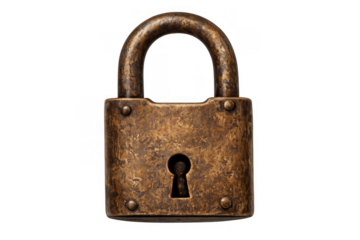 Antique metal padlock representing security, protection, privacy, and access control with a rustic bronze texture