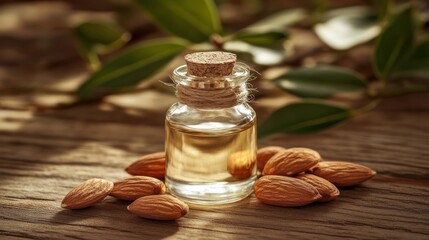 capture the essence of natural beauty with almond oil in a rustic setting showcasing a testament to purity and mindful wellness