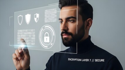 Man activating virtual security interface, safeguarding digital information with biometric authentication and advanced encryption.