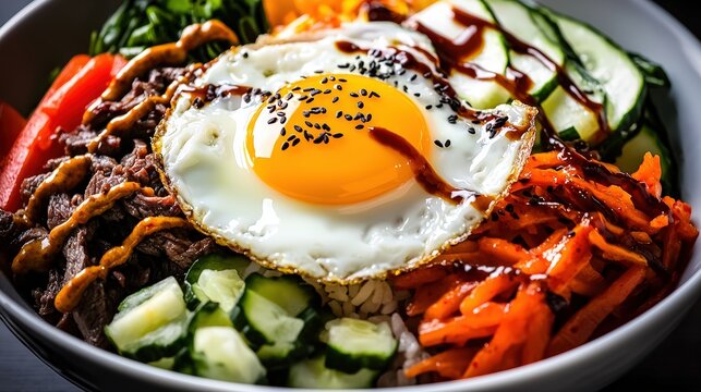 Beautifully plated Korean bibimbap with a sunny-side-up egg on top: A close-up of a colorful bibimbap bowl featuring a sunny-side-up egg at the center, surrounded by neatly arranged vegetables, beef,